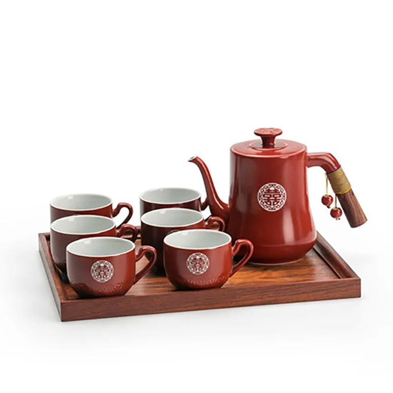 Chinese Double Happiness Red Household Ceramic Tea Set, Teapot Cup with Serving Tea Tray, Souvenir Gift, Wedding Supplies