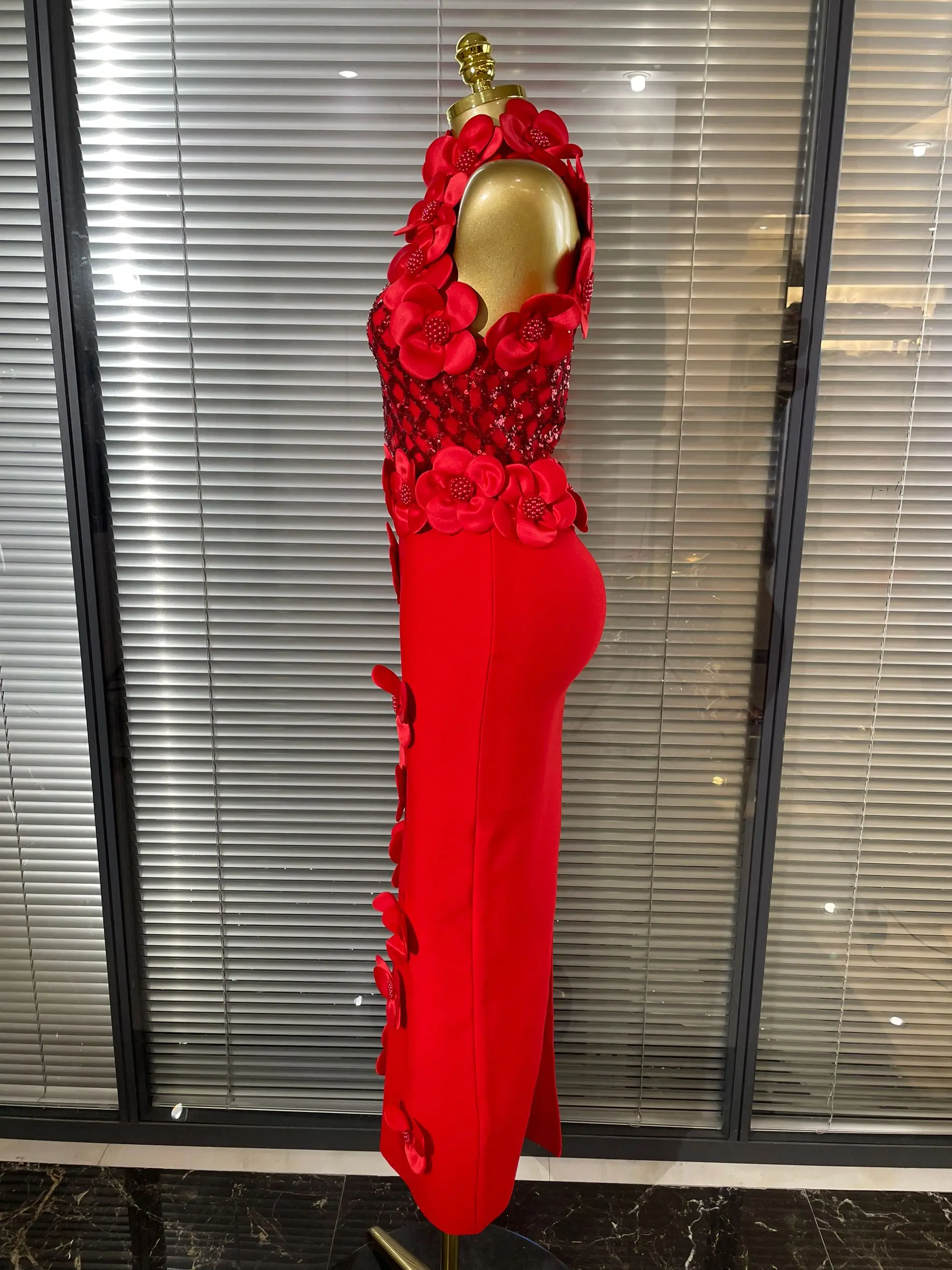 Black Red Women Shining Sequins Florals Sexy O-Neck Bodycon Bandage Long Dress Evening Party Christmas Birthday Outfit