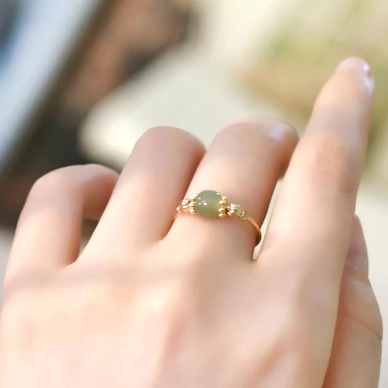 

Mosan Natural Hetian Jade Ring 14K Plated Gold for Women Adjustable Open Design Wedding Jewelry Gift