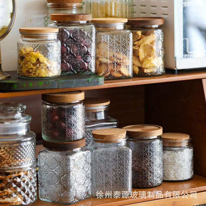 Vintage Square Embossed Glass Jar Acacia Wood Lid Sealed Jar Cylindrical Kitchen Storage Bottle Sugar Food Storage Container New 4