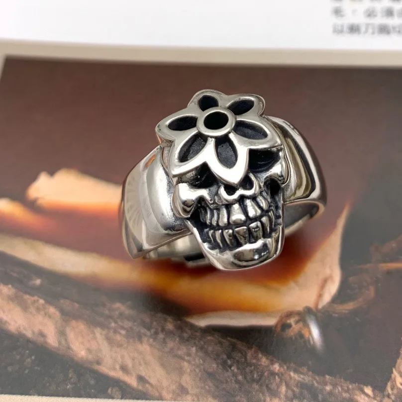 

S925 Sterling Silver Skull Head Cherry Blossom Ring Creative Design Hip Hop Punk Style Men's Open Ring Thai Silver Accessories