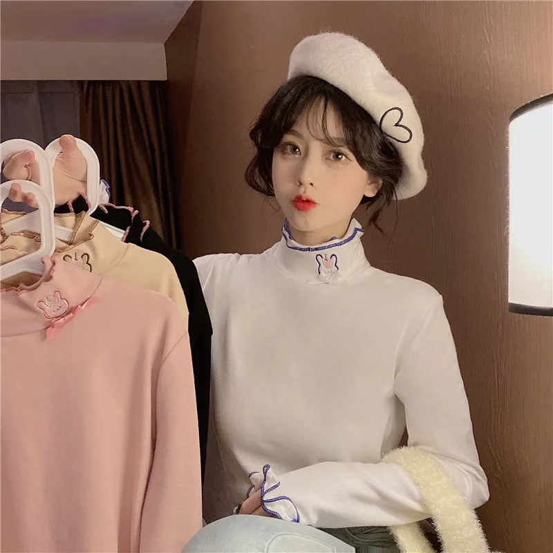 Japan Cute Long Sleeve T-shirts Women Sweet Rabbit Embroidery