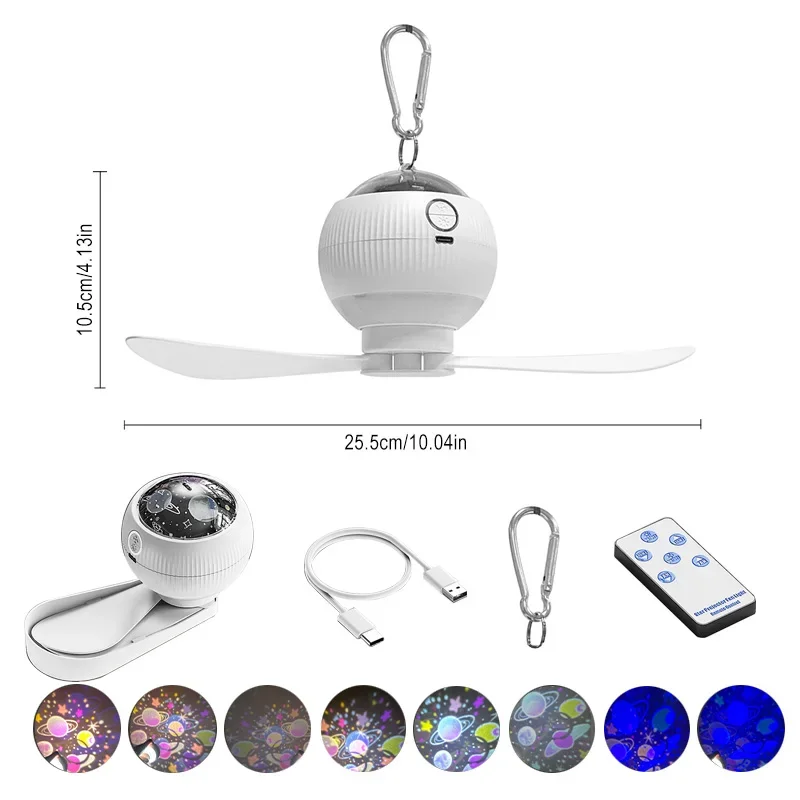 Projection Fan Light 3600mAh USB Rechargeable With Remote Control Portable Camping Light Bedroom Student Dormitory Lighting