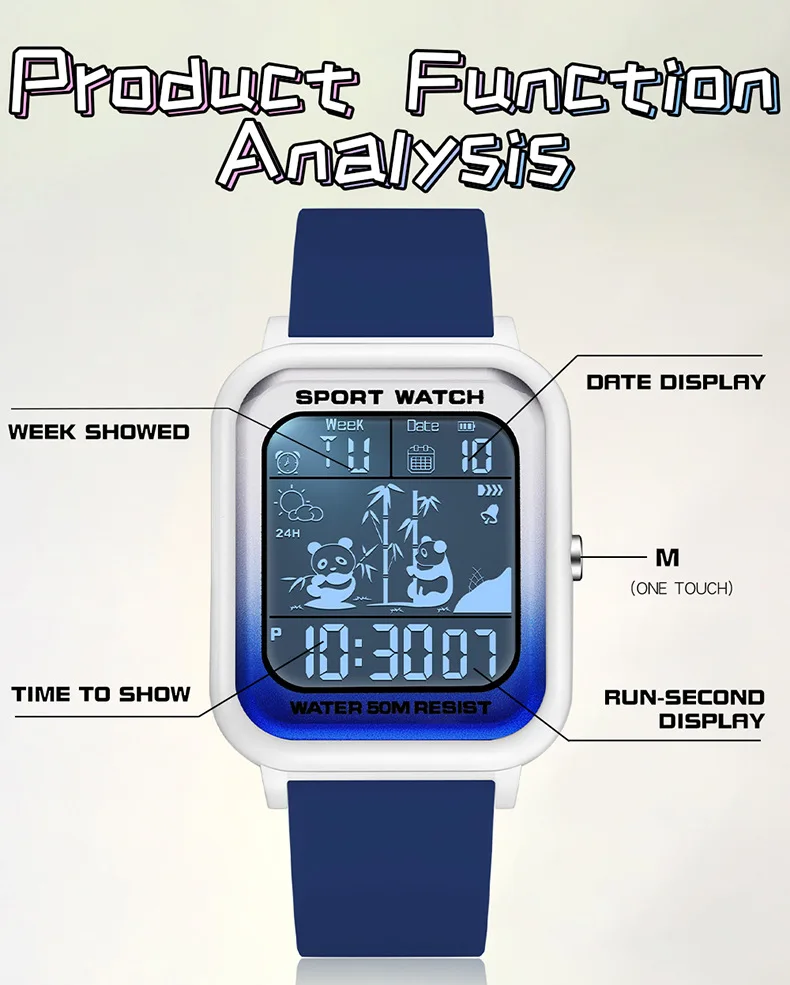 

Часы наручные Sanda мужские электронные, модные спортивные повседневные Водонепроницаемые светодиодные цифровые с квадратным градиентом, с рисунком панды