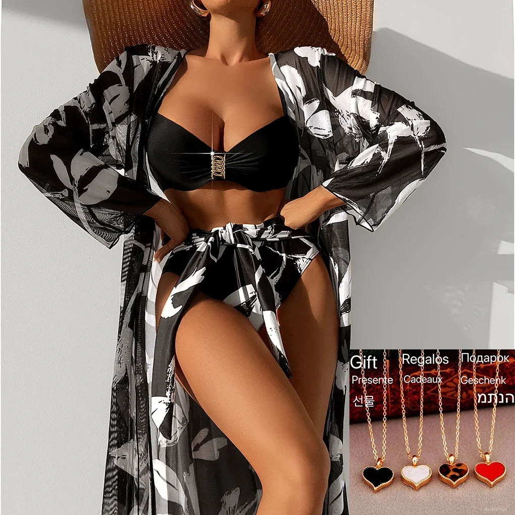 

Женское бикини с принтом из трех предметов, пляжная юбка, туники для пляжа, накидка, купальник пуш-ап, купальный костюм с оборками, купальный костюм, 2024