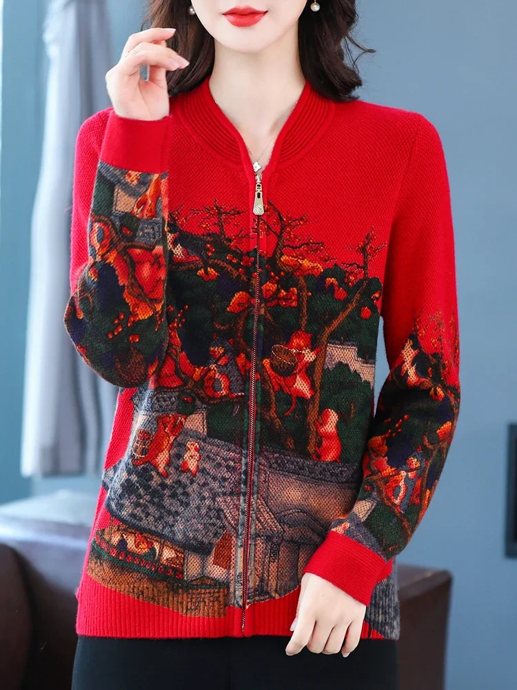 

Zipper Sweater Women New Autumn Casual Lovely Print Woman Sweaters Cardigan High Quality Knitwear Coat Soft Cardigans