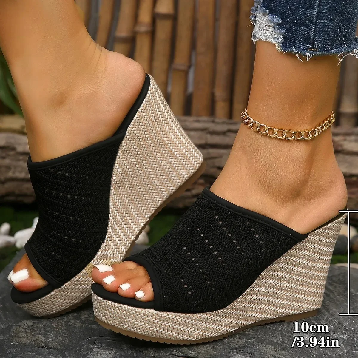Women Slippers Fashion Wedge Platform Sandals Summer Peep Toe 10cm High Heeled Sandals for Women Mesh Breathable Casual Slippers