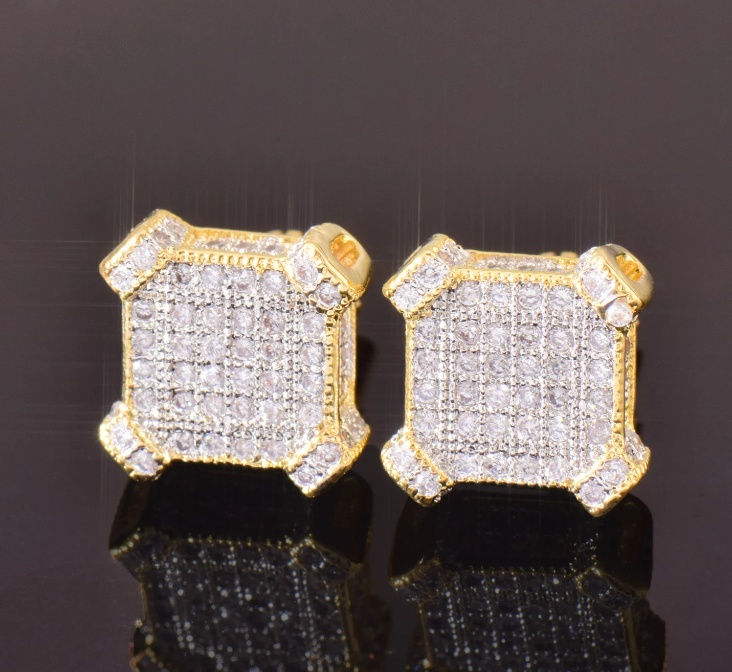 CUC 10MM Square Zircon Earring Gold silver Color  Men Women Screw Stud Earrings Hip Hop Jewelry Fashion Gift 4