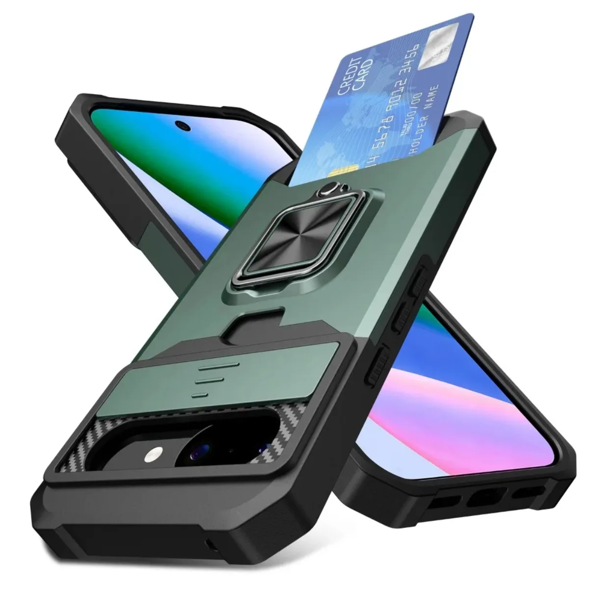 Card Slot Ring Holder Kickstand Armor Phone Case with Slide Camera Cover