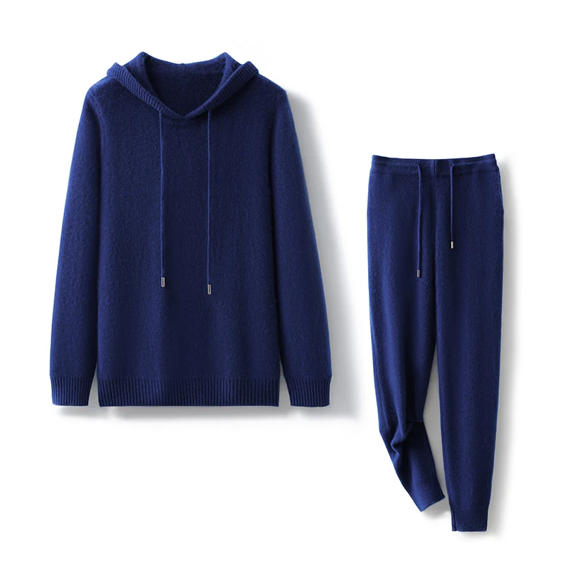 100% pure cashmere men's set, high-end knitted long sleeved pullover, hooded sweater, casual men's pants, cashmere set, new styl