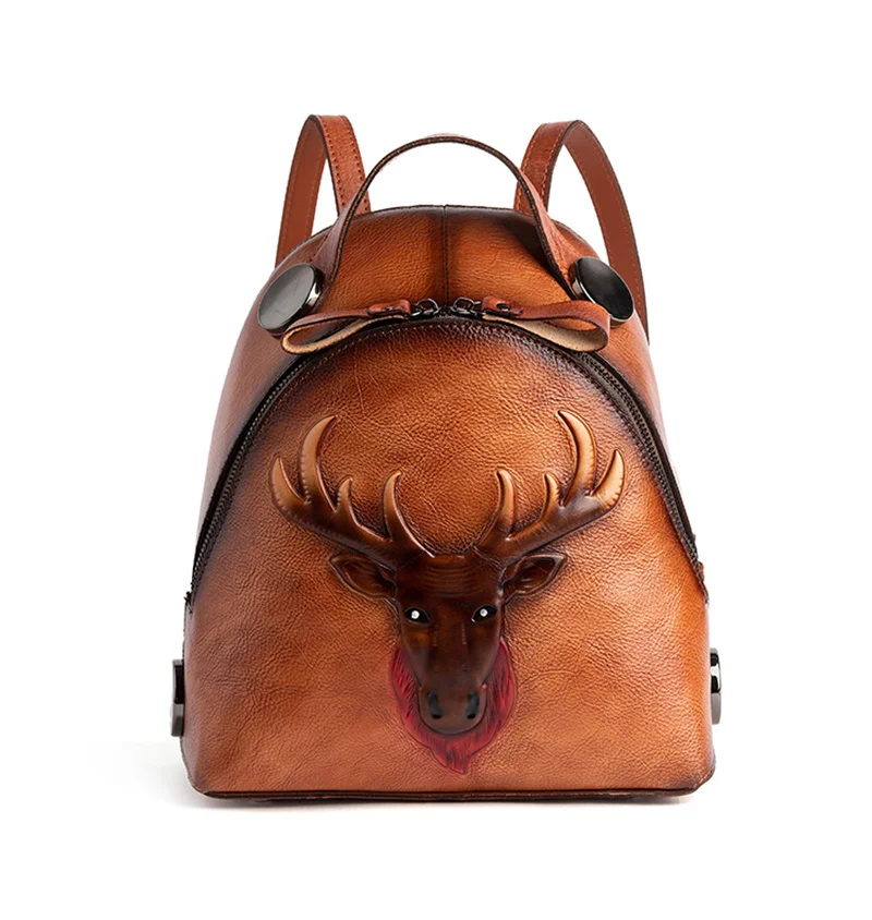 

Genuine Leather Women Backpack Rucksack Brush Color School Book Bags Real Cowhide Deer Pattern Female Vintage Daypack Knapsack