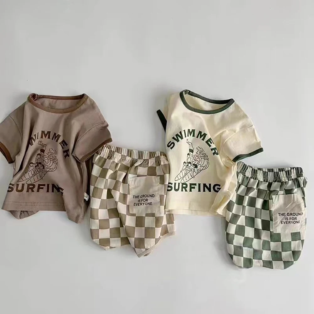 Summer suit new American baby suit TZ230137  short sleeve plaid shorts thin baby baby two-piece suit 1