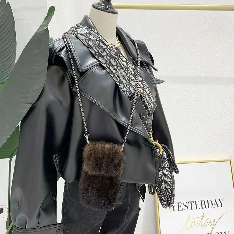 Luxury Real Mink Fur Bag Crossbody Bags For Women Autumn Winter Plush Purses And Handbags Female Phone Shoulder Bag Girls Purse