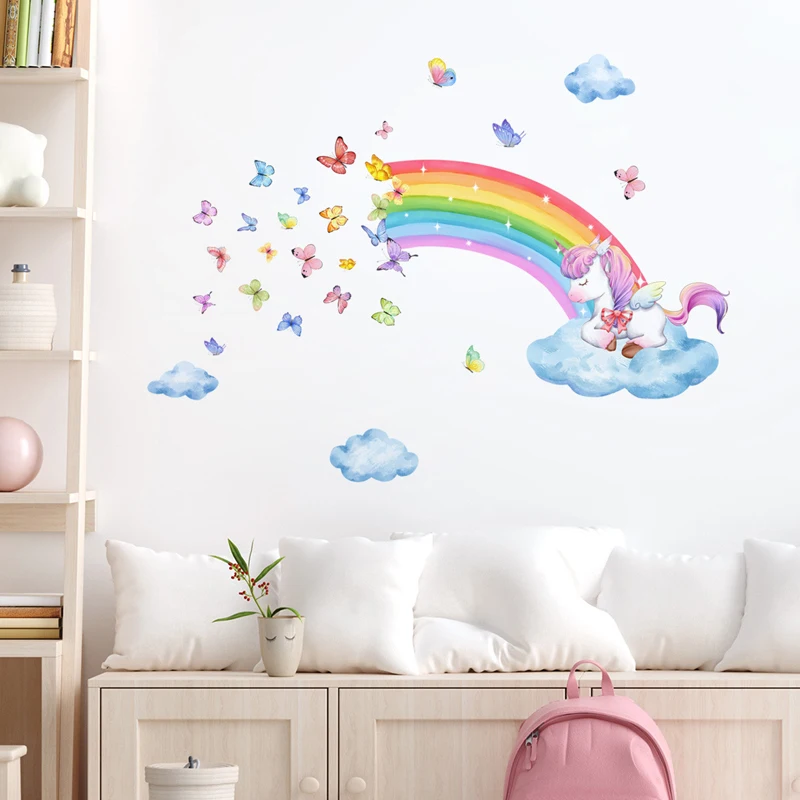 Wall Stickers Unicorn Rainbow Cloud and Butterfly Wall Sticker Background Wall Living Room Decoration