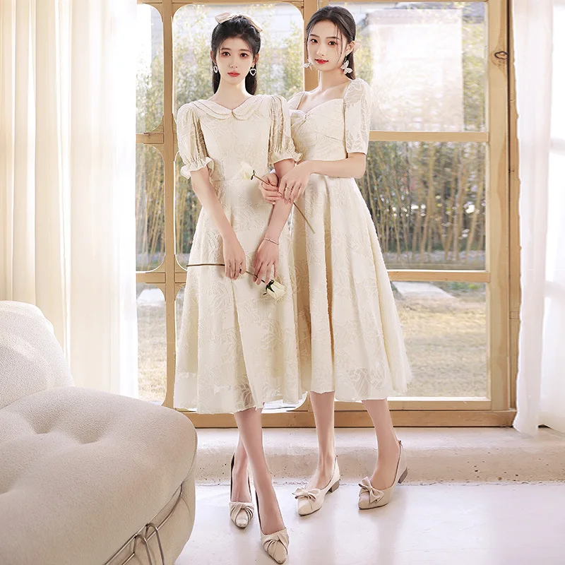Champagne Bridesmaid Dress Temperament Slim Fit Square Collar Short Sleeve Simple Mid Long Evening Dresses Prom Gown