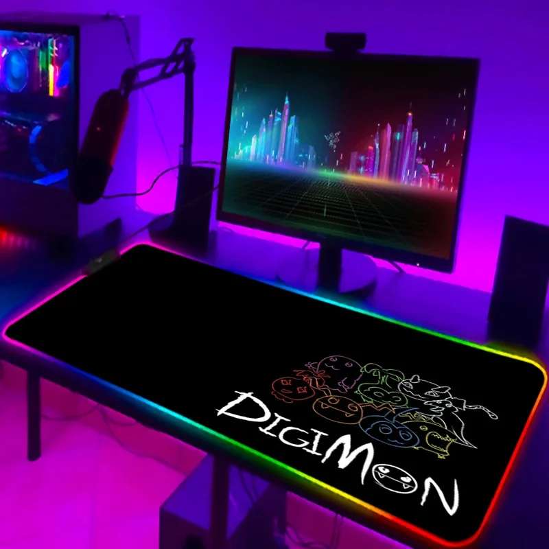 Большой коврик для мыши с подсветкой Rgb, настольная защита, светящиеся аксессуары Аниме, клавиатура для Digimon, игровой коврик для ноутбука, игровой ПК