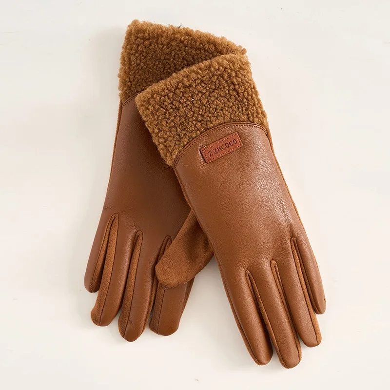Women Winter PU Suede Keep Warm Touch Screen Gloves Fashion Splicing Drive Riding Light Not Bloated Elegant Temperament