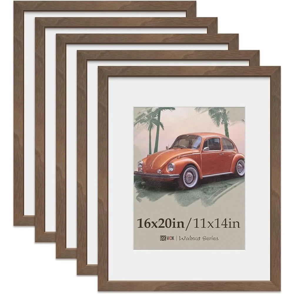 

16x20 Picture Frame 5 Pack, Natural Wood Grain Brown Walnut & HD Glass, Display 11x14 Poster with Mat or 16x20 without Mat