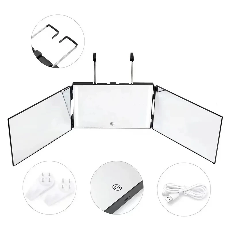 Haircut Mirror 3 Way For Self Hair Cutting 360&deg; With LED Light Trifold Rechargeable With Height Retractable Adjustab