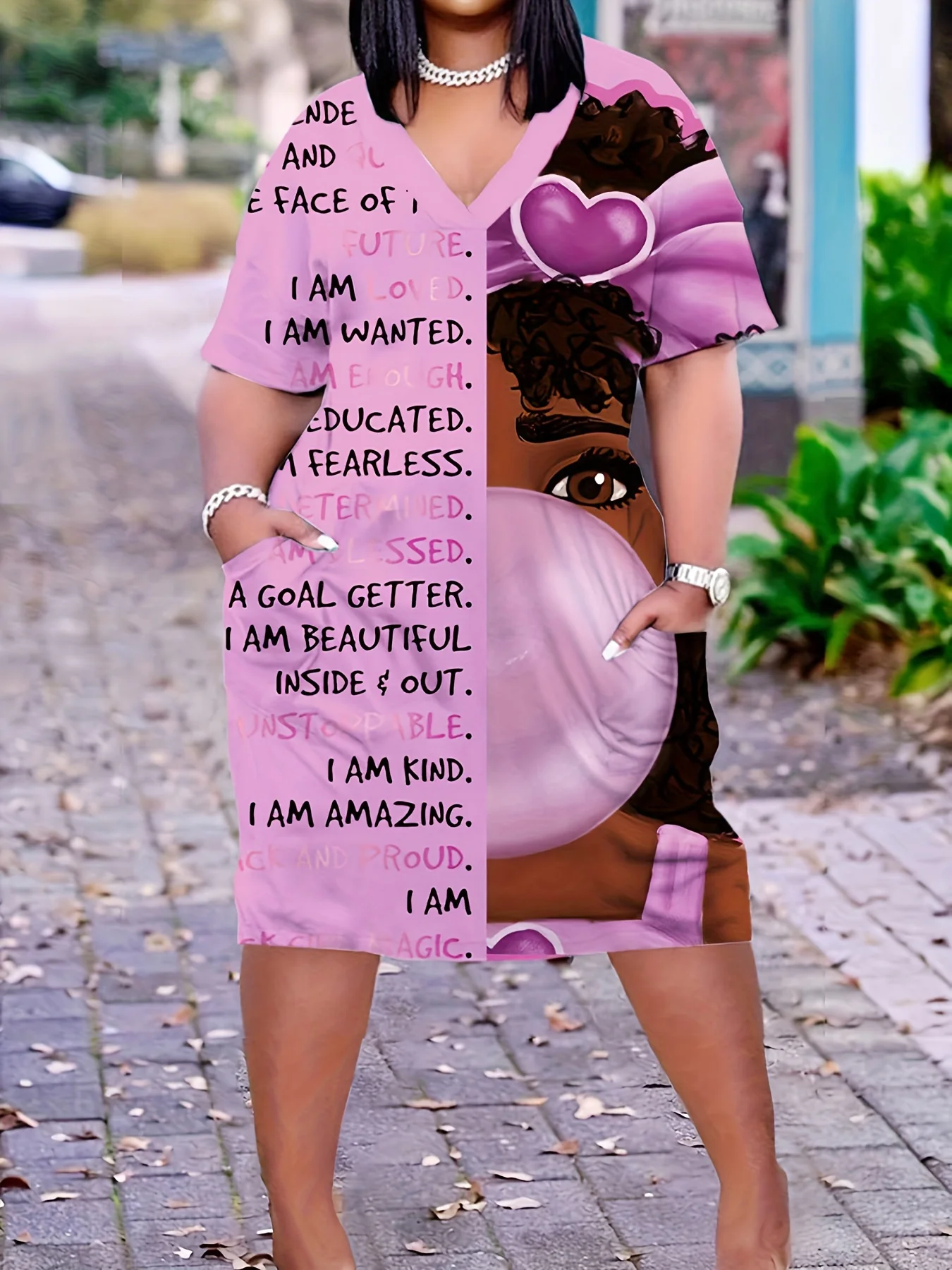 Women's Plus Size Clothing Cartoon Portrait & Letter Print Pocket Dress Casual Short Sleeve Dress For Spring & Summer