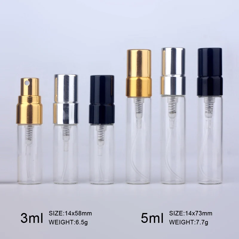 100 개/몫 3ml 5ml 샘플 스프레이 병 휴대용 Transparet 유리 향수 병 분무기 컨테이너 여행 향수 여성 향수