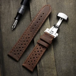 Premium Genuine Cowhide Leather Watch Band with Butterfly Buckle - Universal Breathable Bracelet - 22mm (Matte Brown)