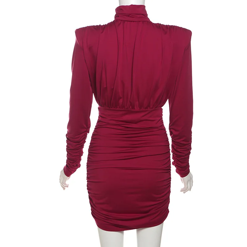 Pleated High Waist Slim Mini Dress Female Fashion Long Sleeve Patchwork Elegant Commute Dress Ladies Solid Autumn Dress