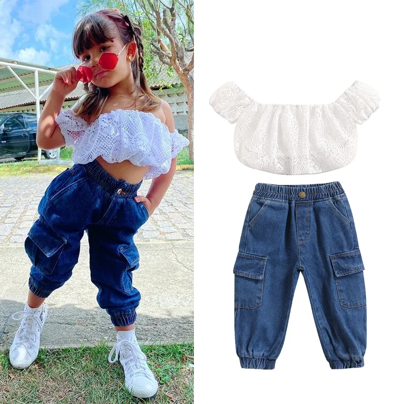 

1-6 Y Fashion Girls Clothes Summer 2Pcs Outfit Hollow Puff Sleeve Off Shoulder Tops + Blue Jeans Sets