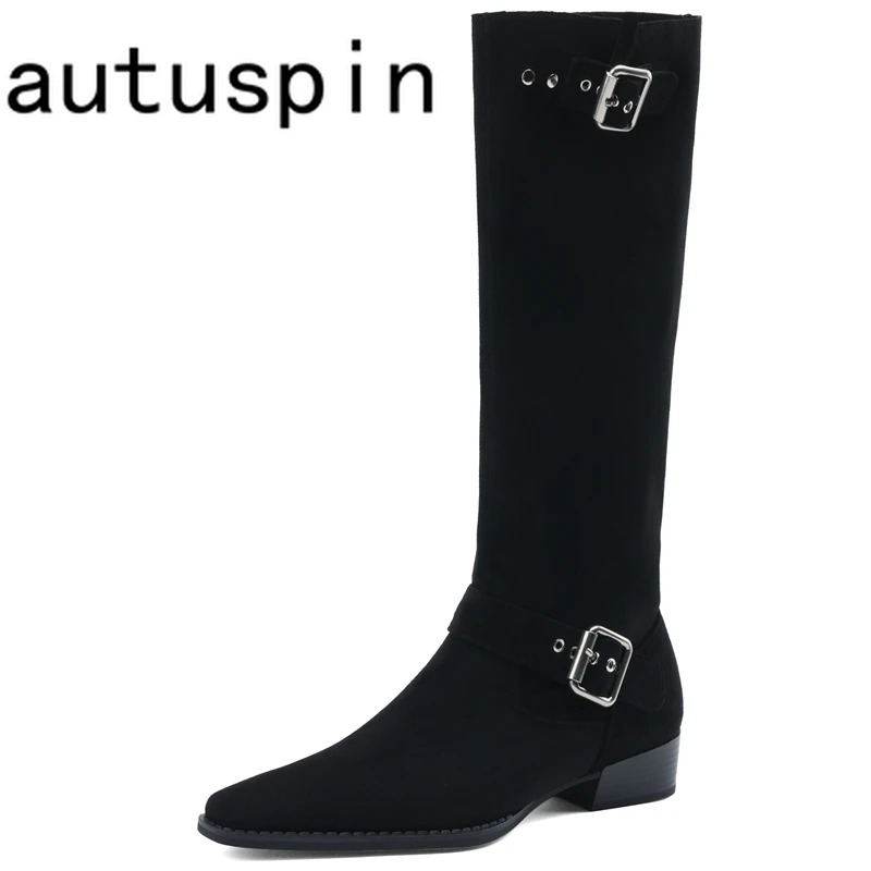 

Autuspin Women Knee-High Boots Autumn New Arrival Fashion Double Belt Buckle Shoes Handmade Elegant Office Lady Party Long Boot
