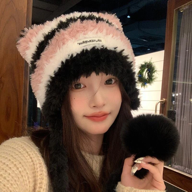 Fashion Cat Ear Women Knitted Hat Thick Warm Contrast Stripe Winter Beanies Cap Ear Protection Windproof Pullover Hat