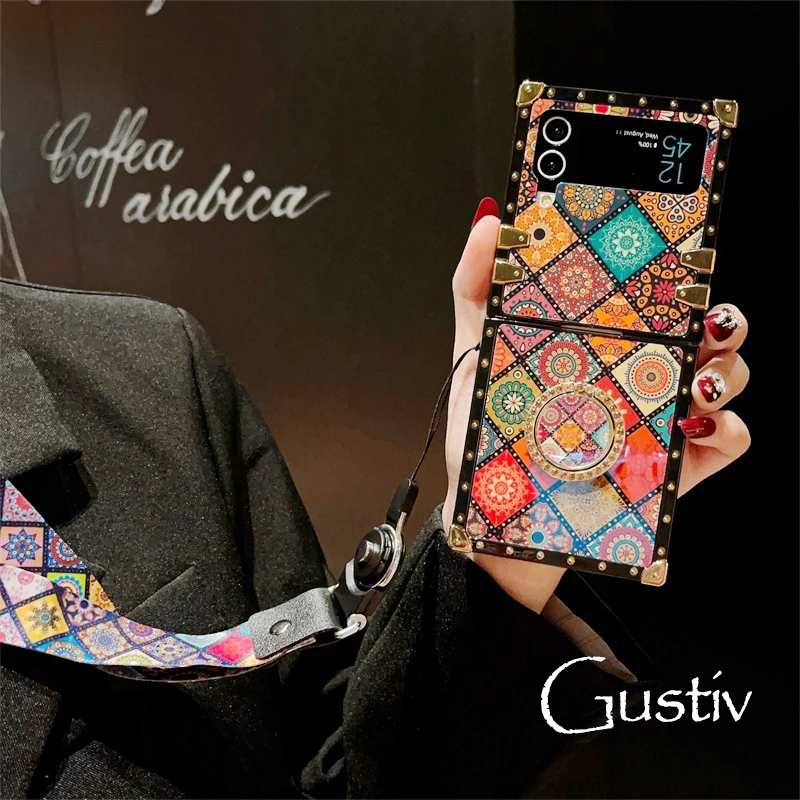 

Classic Pattern Phone Cover For Samsung Galaxy Z Flip 4 Case Retro Shockproof For Samsung Z Flip 3 Cases 5G Ring Holder Lanyard