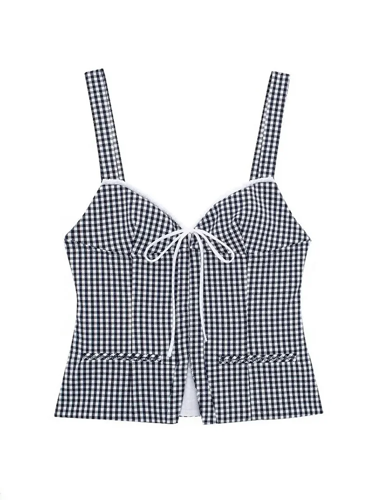 

Топ женский летний в черно-белую клетку с бантом и открытой спиной