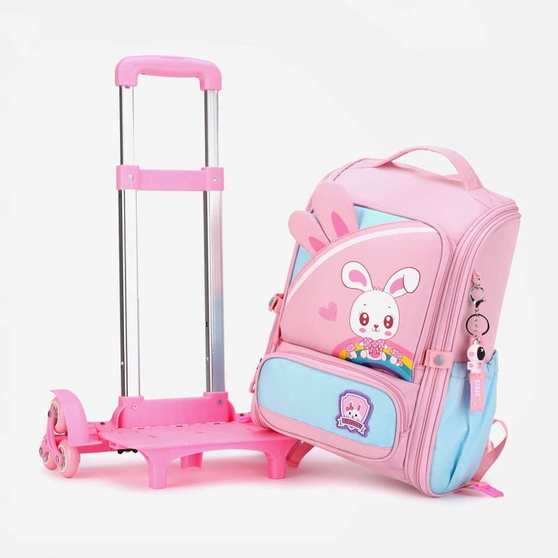 New Fashion Cartoon Children's School Bags with Wheeled Trolley Backpack Teenagers Girls Rolling Backpack Students Kids Backpack