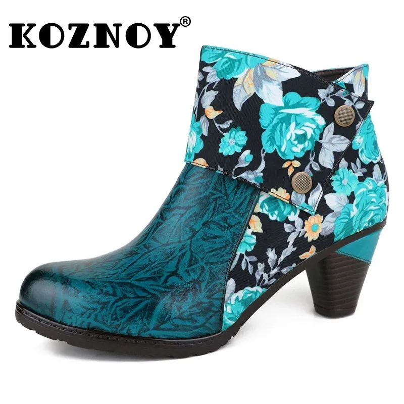 

Koznoy 5cm Print Cloth Genuine Leather Chimney Autumn Spring Chunky Heels Big Size Shoes Women Mid Calf Ankle ZIP Booties Weave