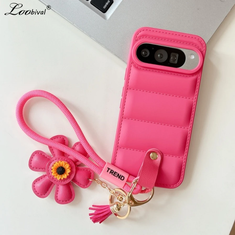 Cartoon Sunflower Down Jacket Lanyard Phone Case with Hand Wrist Strap - Soft TPU Cover