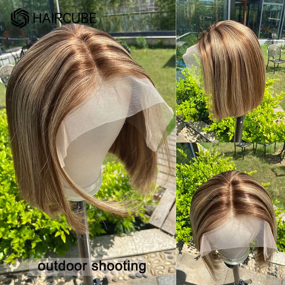 HAIRCUBE Human Hair Wigs Short Straight Bob Wig for Women Brown Blonde Highlight Wig Women's Medium Length T Part Lace Front