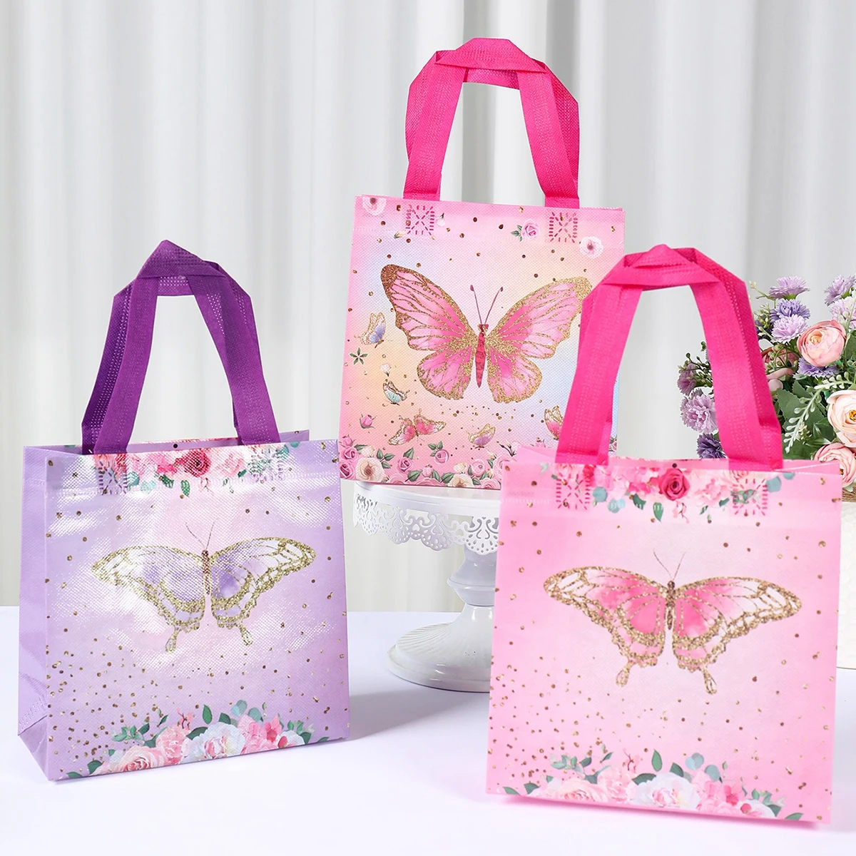 

4pcs Butterfly Gifts Packaging Bag Butterfly Theme Kids Birthday Party Decoration Baby Shower Nonwoven Fabric Favors Candy Bags