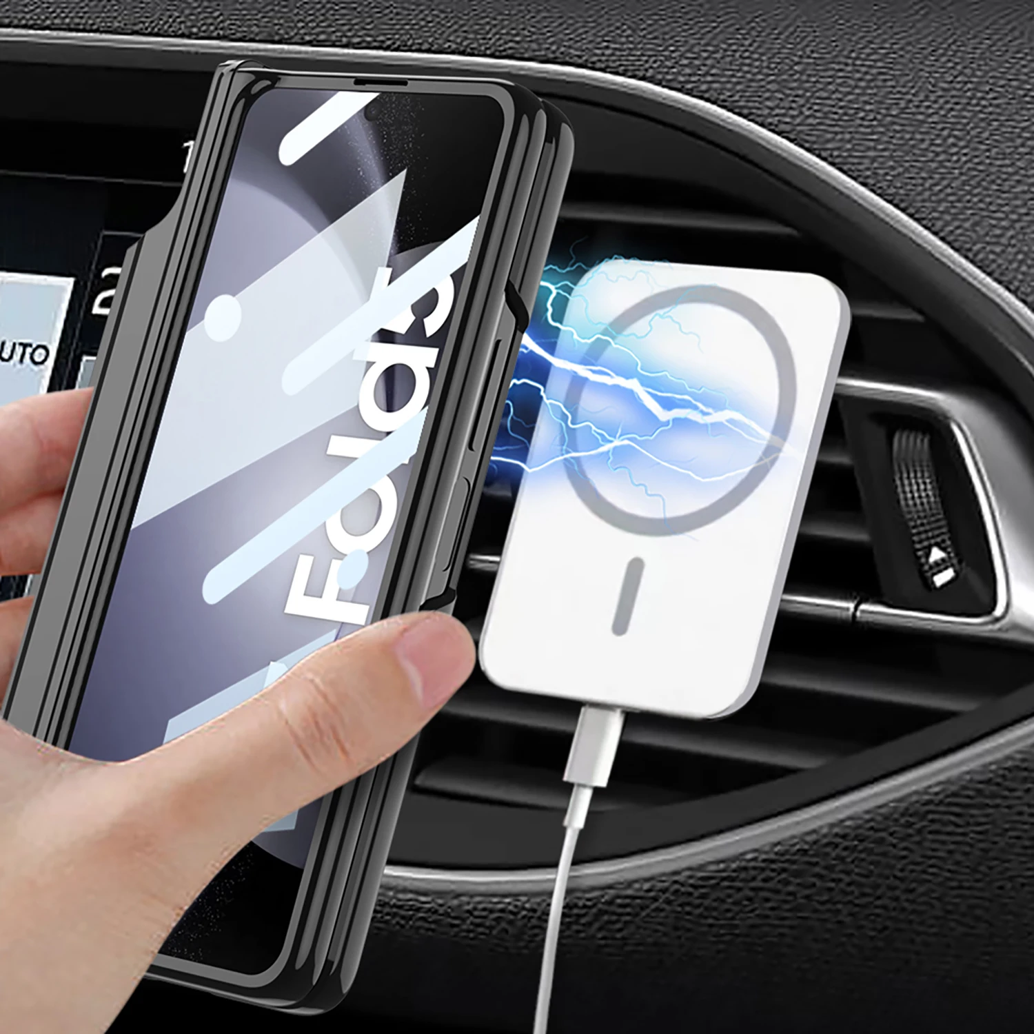 For Samsung Galaxy Z Fold 5 Magsafe Case Wireless Charging Electroplated Transparent Magnetic Hinge Pen Holder Kickstand Cover