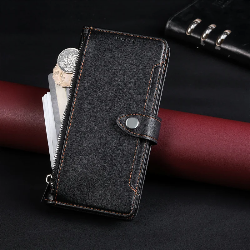 Solid Color Wallet Case with Long Strap and Zipper Leather Bag