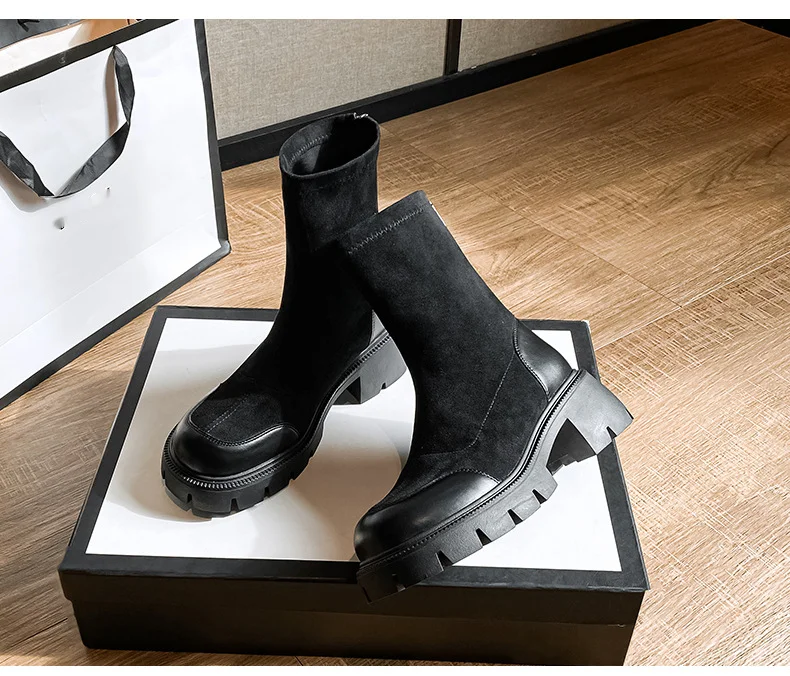 Női magas 2024-es új őszi és téli talpú rövid, vastag sarkú, rugalmas vékony zoknis csizma_voghion.com