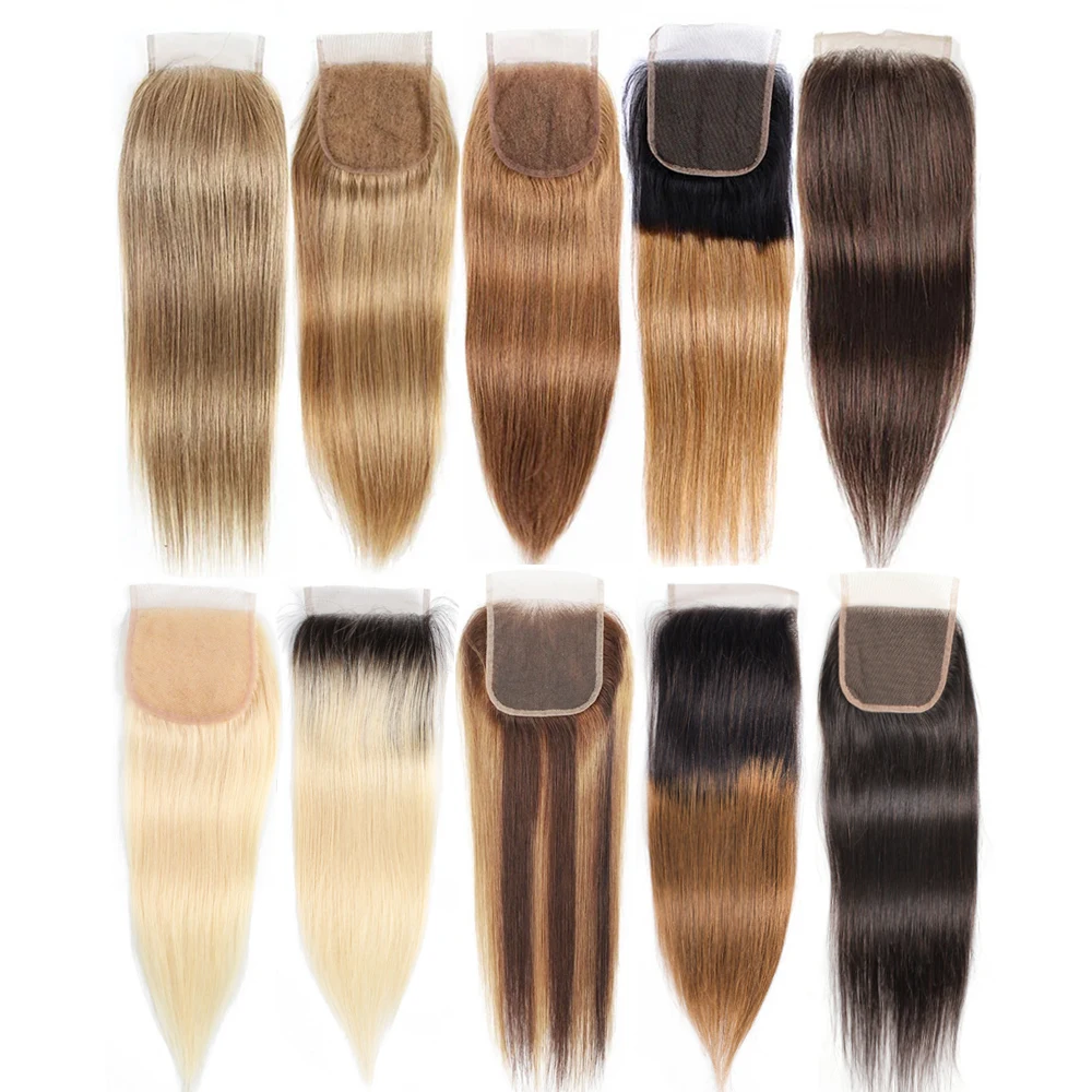 Straight 4x4 Lace Closure Transparent Lace Pre-Plucked Free Part Remy Human Hair Ombre Honey Blonde Black Brown Bobbi Collection