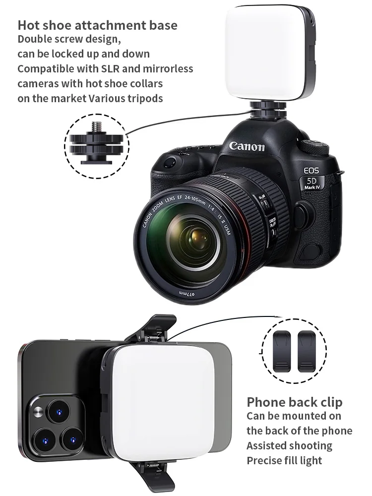 카메라 캠코더용 미니 LED 필 라이트 콜드 슈, 브이로그 이동식 백 클립 온 휴대폰 사진 라이트, 2 색 조명