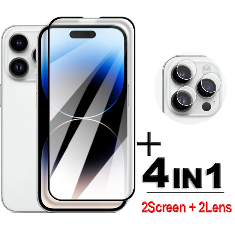 

4in1 For iPhone 14 Pro Max Glass iPhone 12 13 14 Pro Tempered Glass 2.5D Full Cover Screen Protector iPhone 14 Pro Max Lens Film