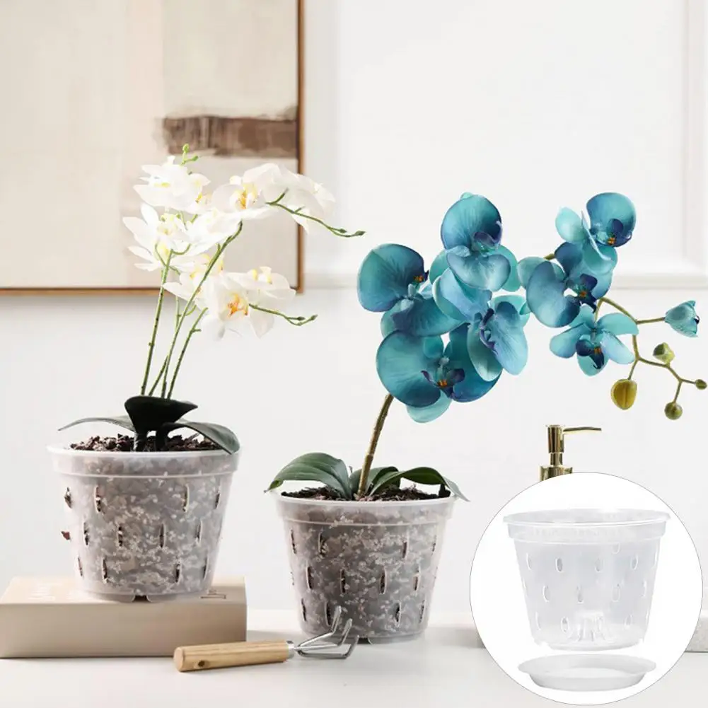 Flower Pot Plant Pot 2Pcs 12.5-17cm Transparent Orchid Pots Flower Planters Side Holes Design Plastic Orchid Pots With Trays Growth Gardening Tools