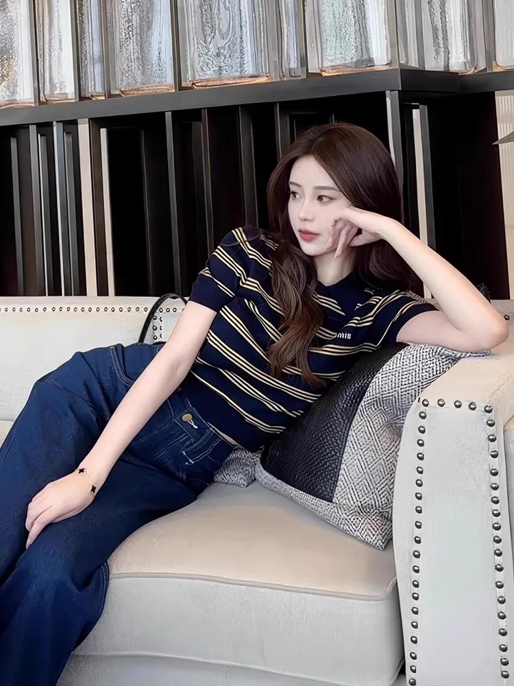 Ele Retro Color Blo  Ne ort Sve T-irt Women Summer Thin Ice Silk Knitted Top Slim Fit Korean Sle Commute