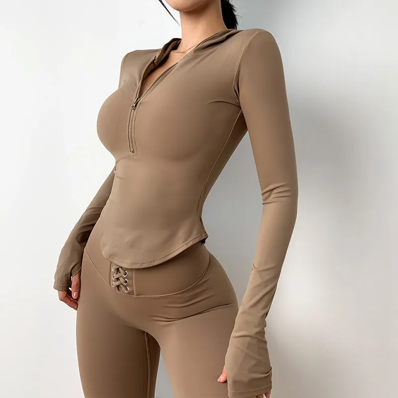 

Half Zipper Sport Tops Women Slim Jogger Fitness T Shirt Quick Dry Yoga Tops Outdoor Elastic Running Training Tops Hooded