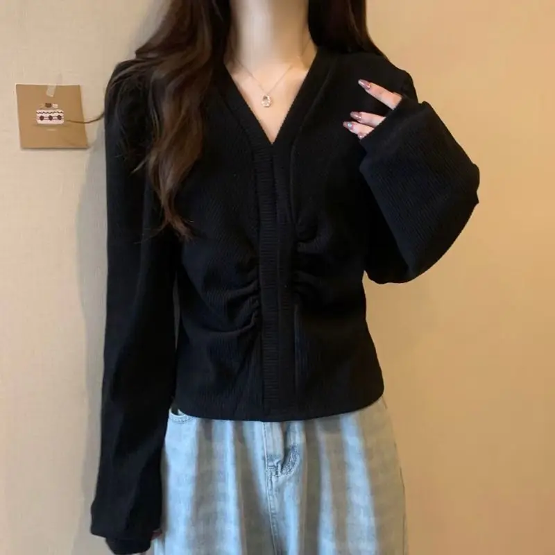 Fashion V-Neck Solid Color Folds Blouses Women's Clothing 2023 Autumn Winter Loose Commuter Pullovers Puff Sleeve Shirts