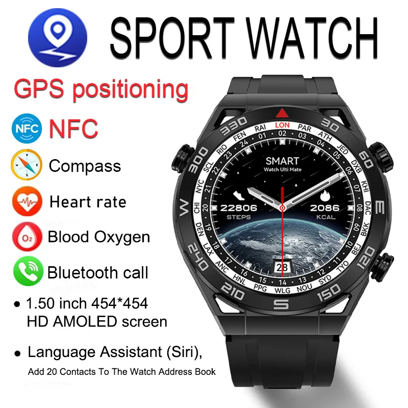 

2024 NFC 1.5''AMOLED Smart Watch Men Custom Dial Answer Call Sports GPS Track Compass 5ATM Waterproof Smartwatch For Android IOS