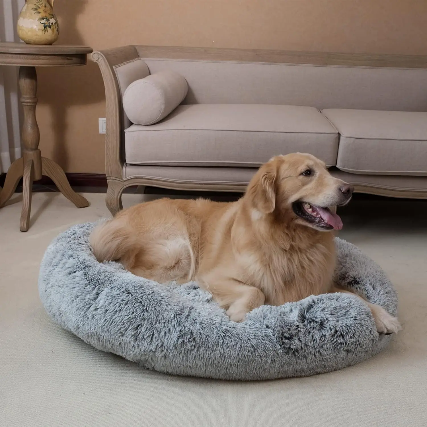 Oval pet bed in cozy corner
