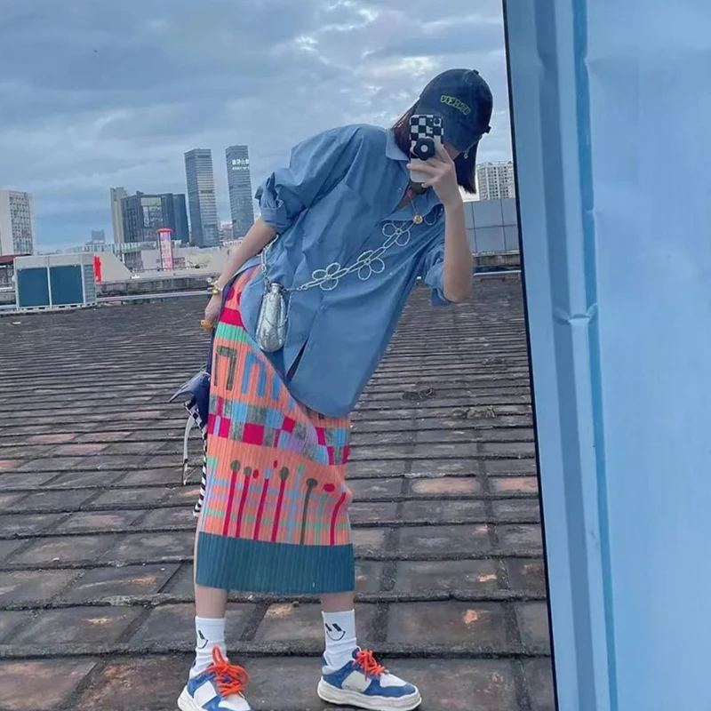 

2022 Summer New Women's Skirt Fashion Printing Pleated Skirt Mid-Length Elastic Waist Skirt Stitching Color Miyake Skirt
